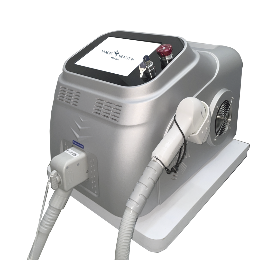 Equipo de depilación modelo 2026 Dispositivo estético de tratamiento facial y corporal, con pantalla y manguera conectada.